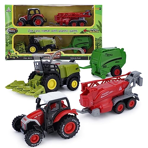 VBACALA Die-Cast Traktor Spielzeug,Trecker mit Anhänger Mähdrescher Set,Mähdrescher Spielzeug Bauernhof Fahrzeug Modell Traktor Spielzeug ab 3 Jahre Jungen Mädchen Kinder von VBACALA