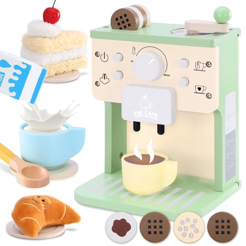 VBACALA Kinderküche Set Kaffeemaschine Kinder Holz mit Sound & Tasten,Spielküche Zubehör Teeservice,Kaffeemühle,Stoffkuchen & Croissant,Rollenspielset Geschenk für Jungen und Mädchen ab 3 Jahre von VBACALA