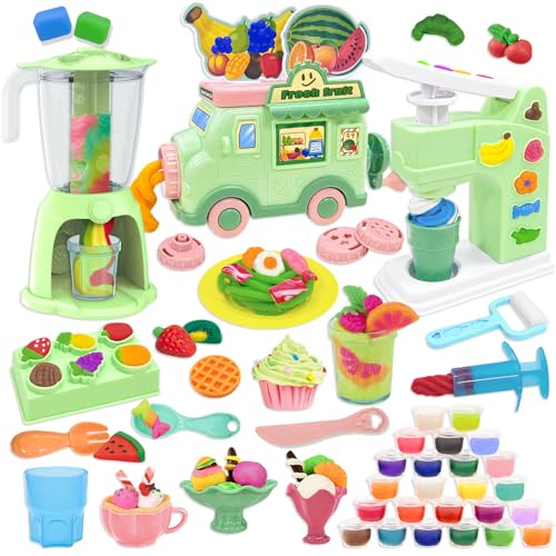 VBACALA Knete Set,Kinderknete Kitchen Creative Knete Eismaschine+Nudelmaschine+Smoothie Mixer Maschine,62 Knete Zubehör mit 24 Gläser Knetmasse,Knete ab 3 Jahre Geschenk für Jungen und Mädchen von VBACALA