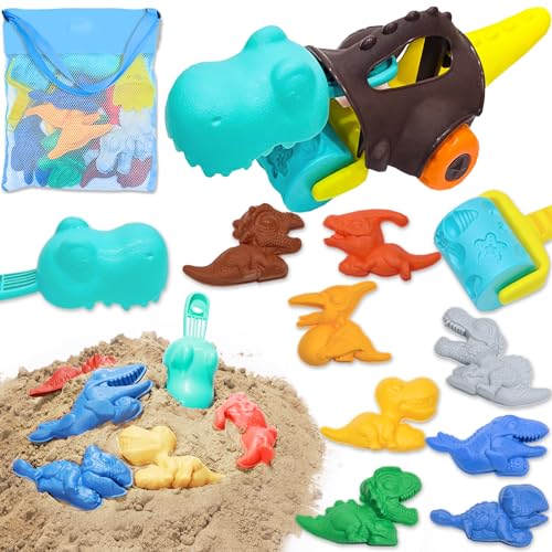 VBACALA Sandspielzeug Set für Kinder,12 PCS Sandkasten Spielzeug mit 4 in 1 abnehmbarem Dinosaurier Strandbuggy,Netzbeutel,Sandschaufel Sandrad und Dinosaurier Sandform,Wasserspielzeug ab 3 Jahr von VBACALA