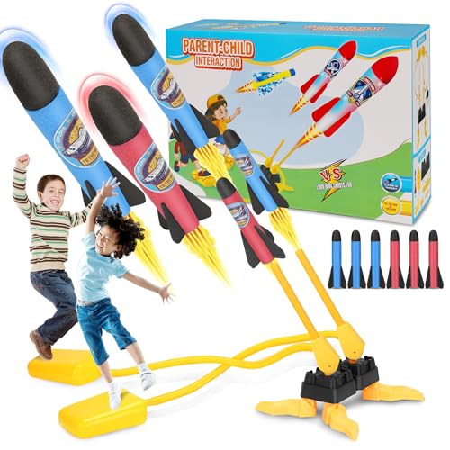 VCOSTORE Raketenspielzeug - Doppeltes Kinder Raketenspielzeug für draußen mit 6 Schaumstoffraketen,Outdoor Spielzeug Rakete Power Launcher Rocket Luftdruck für Jungen und Mädchen von VCOSTORE