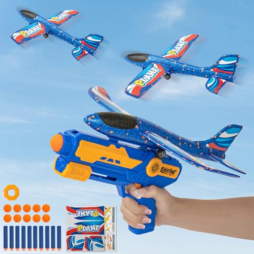 VCOSTORE Styroporflieger - Wurfgleiter Flugzeug Styropor mit Katapult Pistole, Darts, Softball und Aufkleber, Outdoor Flugzeug Spielzeug Jungen Mädchen Geburtstagsgeschenk für ab 6+ Jahre (Blau) von VCOSTORE