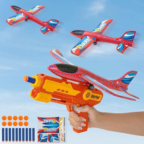 VCOSTORE Styroporflieger - Wurfgleiter Flugzeug Styropor mit Katapult Pistole,Darts,Softball und Aufkleber,Outdoor Flugzeug Spielzeug Jungen Mädchen Geburtstagsgeschenk für ab 6+ Jahre (Rot) von VCOSTORE