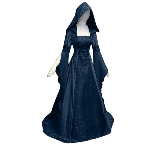 Damen Cosplay Kleider Splice Mittelalter Retro Kapuze Langarm Kordelzug Taille Cinched Großes bodenlanges Rockkleid Vestidos(Dark Blue,M) von VCSZYAFX