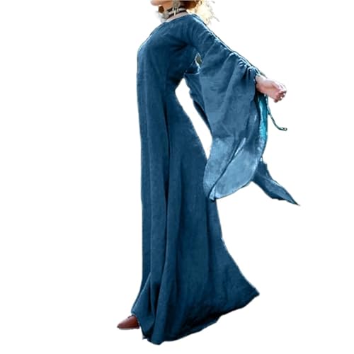 Renaissance Retro Maxikleid mit langen ausgestellten Ärmeln, Vintage, Gothic, Victoria-Stil, mittelalterlich, einfarbig, Baumwolle, Leinen, Halloween-Kostüm(Blue,XL) von VCSZYAFX