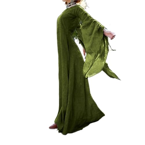 Renaissance Retro Maxikleid mit langen ausgestellten Ärmeln, Vintage, Gothic, Victoria-Stil, mittelalterlich, einfarbig, Baumwolle, Leinen, Halloween-Kostüm(Green,S) von VCSZYAFX