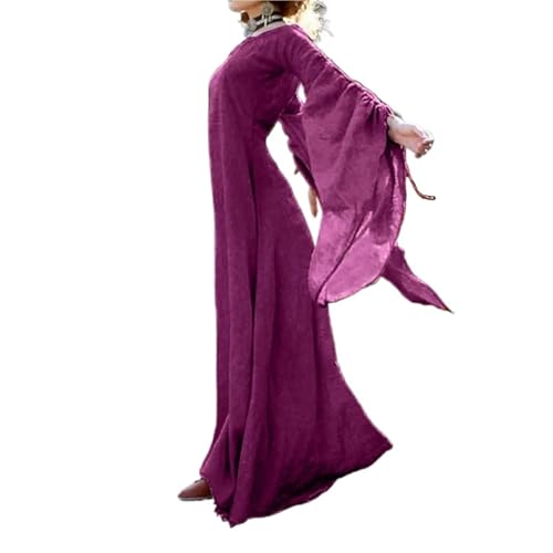 Renaissance Retro Maxikleid mit langen ausgestellten Ärmeln, Vintage, Gothic, Victoria-Stil, mittelalterlich, einfarbig, Baumwolle, Leinen, Halloween-Kostüm(Purple,S) von VCSZYAFX
