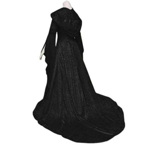 VCSZYAFX Damen Cosplay Kleider Splice Mittelalter Retro Kapuze Langarm Kordelzug Taille Cinched Großes bodenlanges Rockkleid Vestidos(Black,M) von VCSZYAFX