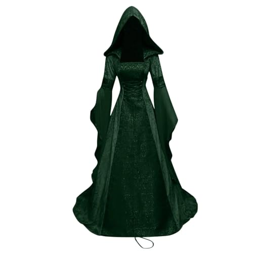 VCSZYAFX Damen Cosplay Kleider Splice Mittelalter Retro Kapuze Langarm Kordelzug Taille Cinched Großes bodenlanges Rockkleid Vestidos(Green,XXL) von VCSZYAFX