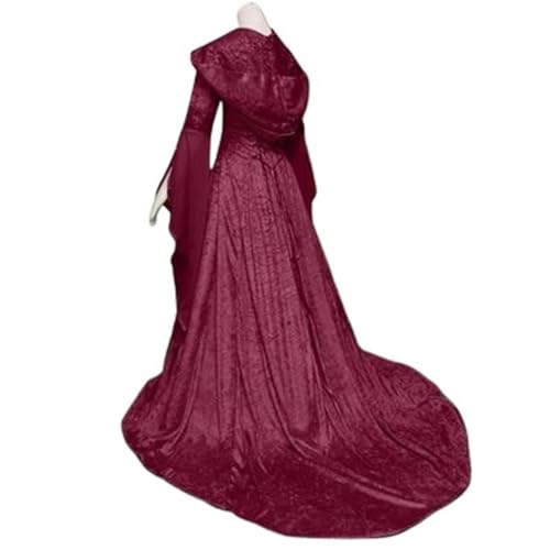 VCSZYAFX Damen Cosplay Kleider Splice Mittelalter Retro Kapuze Langarm Kordelzug Taille Cinched Großes bodenlanges Rockkleid Vestidos(Red,S) von VCSZYAFX
