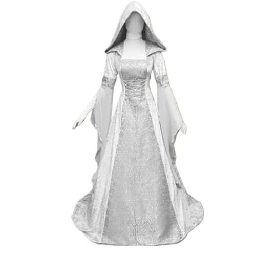 VCSZYAFX Damen Cosplay Kleider Splice Mittelalter Retro Kapuze Langarm Kordelzug Taille Cinched Großes bodenlanges Rockkleid Vestidos(White,XXXL) von VCSZYAFX