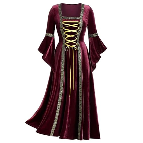 VCSZYAFX Damen Gothic Langarm Partykleid Mittelalter Renaissance Retro Schnürung Samt Halloween Cosplay Kostüm Ausgefallener Rock(Wine Red,M) von VCSZYAFX