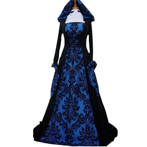 VCSZYAFX Damen Mittelalter Renaissance Kapuzenkleid Kostüme Vintage Viktorianisch Gothic Prinzessin Guofeng Kleider(Blue black dress,M) von VCSZYAFX
