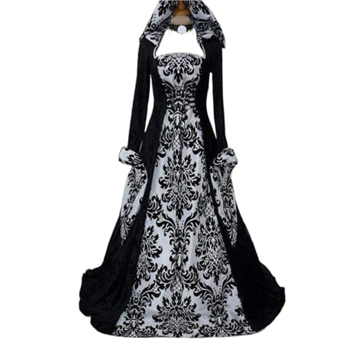 VCSZYAFX Damen Mittelalter Renaissance Kapuzenkleid Kostüme Vintage Viktorianisch Gothic Prinzessin Guofeng Kleider(White black dress,S) von VCSZYAFX