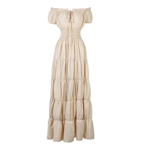 VCSZYAFX Damen Mittelalter Renaissance Kleid Petticoat Kurze Ärmel Schulterfrei Gesmokte Taille Retro Plissee Langes Kostüm(Beige,L) von VCSZYAFX