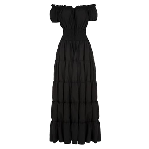 VCSZYAFX Damen Mittelalter Renaissance Kleid Petticoat Kurze Ärmel Schulterfrei Gesmokte Taille Retro Plissee Langes Kostüm(Black,S) von VCSZYAFX