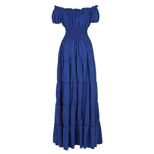 VCSZYAFX Damen Mittelalter Renaissance Kleid Petticoat Kurze Ärmel Schulterfrei Gesmokte Taille Retro Plissee Langes Kostüm(Blue,XL) von VCSZYAFX