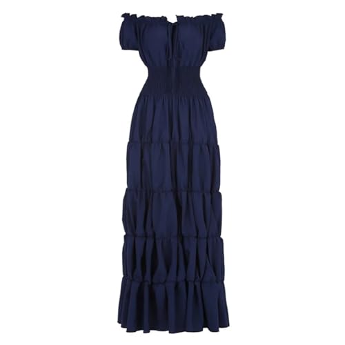 VCSZYAFX Damen Mittelalter Renaissance Kleid Petticoat Kurze Ärmel Schulterfrei Gesmokte Taille Retro Plissee Langes Kostüm(Color3,M) von VCSZYAFX