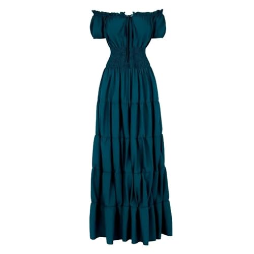 VCSZYAFX Damen Mittelalter Renaissance Kleid Petticoat Kurze Ärmel Schulterfrei Gesmokte Taille Retro Plissee Langes Kostüm(Dark Green,S) von VCSZYAFX