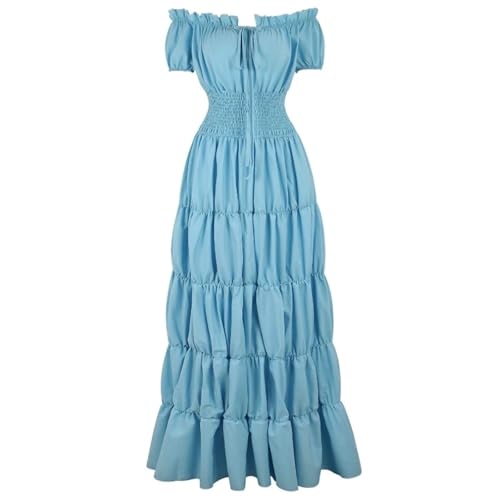 VCSZYAFX Damen Mittelalter Renaissance Kleid Petticoat Kurze Ärmel Schulterfrei Gesmokte Taille Retro Plissee Langes Kostüm(Light Blue,XL) von VCSZYAFX