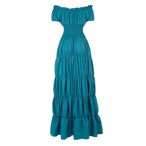 VCSZYAFX Damen Mittelalter Renaissance Kleid Petticoat Kurze Ärmel Schulterfrei Gesmokte Taille Retro Plissee Langes Kostüm(Ocean Blue,XL) von VCSZYAFX