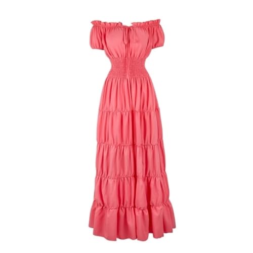 VCSZYAFX Damen Mittelalter Renaissance Kleid Petticoat Kurze Ärmel Schulterfrei Gesmokte Taille Retro Plissee Langes Kostüm(Pink,S) von VCSZYAFX
