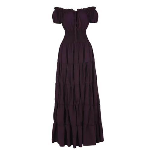 VCSZYAFX Damen Mittelalter Renaissance Kleid Petticoat Kurze Ärmel Schulterfrei Gesmokte Taille Retro Plissee Langes Kostüm(Purple,XL) von VCSZYAFX