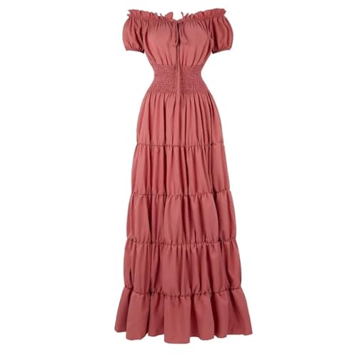 VCSZYAFX Damen Mittelalter Renaissance Kleid Petticoat Kurze Ärmel Schulterfrei Gesmokte Taille Retro Plissee Langes Kostüm(Red,XL) von VCSZYAFX