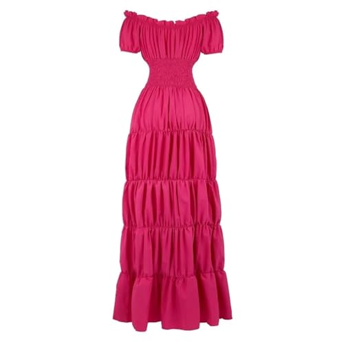 VCSZYAFX Damen Mittelalter Renaissance Kleid Petticoat Kurze Ärmel Schulterfrei Gesmokte Taille Retro Plissee Langes Kostüm(Rose Red,M) von VCSZYAFX