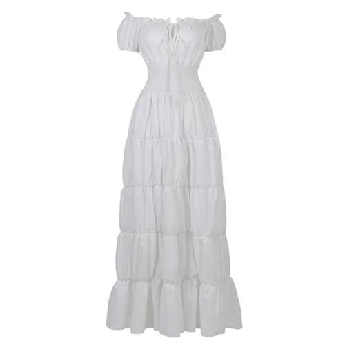 VCSZYAFX Damen Mittelalter Renaissance Kleid Petticoat Kurze Ärmel Schulterfrei Gesmokte Taille Retro Plissee Langes Kostüm(White,M) von VCSZYAFX