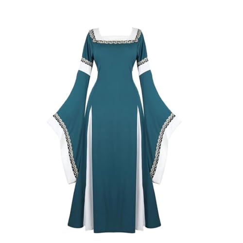 VCSZYAFX Damen Mittelalter Renaissance Trompetenärmel Retro Loor Länge Kleid Spitzenbesatz über langem Halloween Kostüm Plus Size(6508Dark Green,XL) von VCSZYAFX