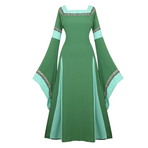 VCSZYAFX Damen Mittelalter Renaissance Trompetenärmel Retro Loor Länge Kleid Spitzenbesatz über langem Halloween Kostüm Plus Size(6508green,L) von VCSZYAFX