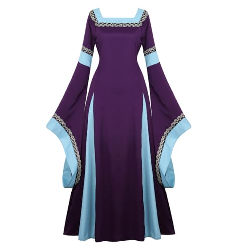 VCSZYAFX Damen Mittelalter Renaissance Trompetenärmel Retro Loor Länge Kleid Spitzenbesatz über langem Halloween Kostüm Plus Size(6508purple,M) von VCSZYAFX