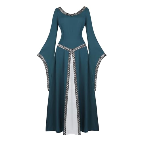 VCSZYAFX Damen Mittelalter Renaissance Trompetenärmel Retro Loor Länge Kleid Spitzenbesatz über langem Halloween Kostüm Plus Size(6513Dark Green,L) von VCSZYAFX