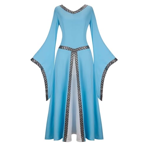 VCSZYAFX Damen Mittelalter Renaissance Trompetenärmel Retro Loor Länge Kleid Spitzenbesatz über langem Halloween Kostüm Plus Size(6513Light Blue,XL) von VCSZYAFX