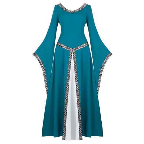VCSZYAFX Damen Mittelalter Renaissance Trompetenärmel Retro Loor Länge Kleid Spitzenbesatz über langem Halloween Kostüm Plus Size(6513Sea Blue,L) von VCSZYAFX