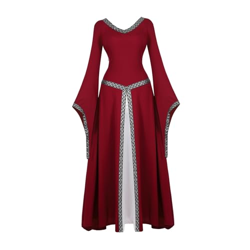 VCSZYAFX Damen Mittelalter Renaissance Trompetenärmel Retro Loor Länge Kleid Spitzenbesatz über langem Halloween Kostüm Plus Size(6513Wine Red,L) von VCSZYAFX