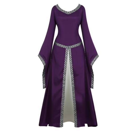 VCSZYAFX Damen Mittelalter Renaissance Trompetenärmel Retro Loor Länge Kleid Spitzenbesatz über langem Halloween Kostüm Plus Size(6513purple,XXL) von VCSZYAFX