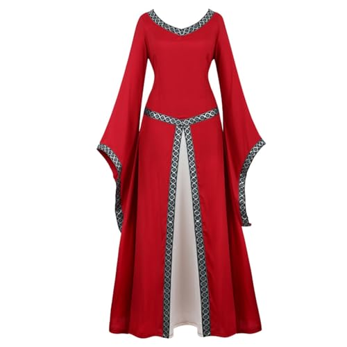 VCSZYAFX Damen Mittelalter Renaissance Trompetenärmel Retro Loor Länge Kleid Spitzenbesatz über langem Halloween Kostüm Plus Size(6513red,XL) von VCSZYAFX