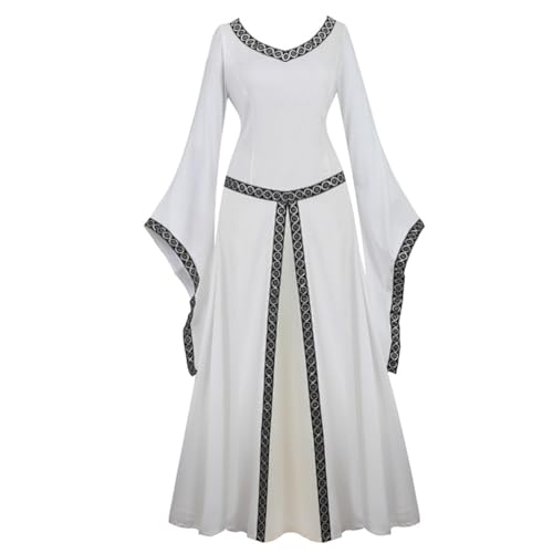 VCSZYAFX Damen Mittelalter Renaissance Trompetenärmel Retro Loor Länge Kleid Spitzenbesatz über langem Halloween Kostüm Plus Size(6513white,XL) von VCSZYAFX