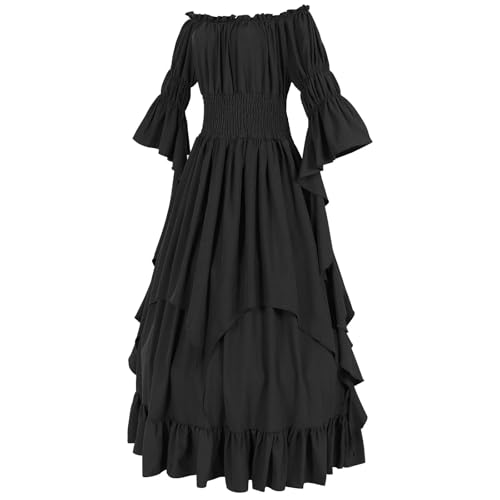 VCSZYAFX Damen Mittelalterliches Vintage-Kleid, schulterfrei, Rüschen, lang, Renaissance-viktorianisches Kleid, Cosplay, Retro-Hofkleid, Halloween-Kostüm(Black,XXL) von VCSZYAFX