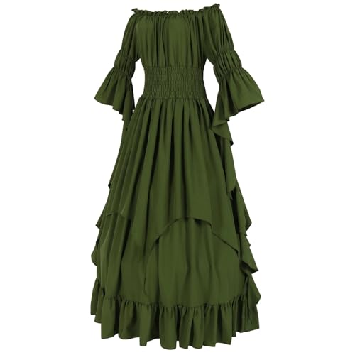 VCSZYAFX Damen Mittelalterliches Vintage-Kleid, schulterfrei, Rüschen, lang, Renaissance-viktorianisches Kleid, Cosplay, Retro-Hofkleid, Halloween-Kostüm(Green,XXL) von VCSZYAFX