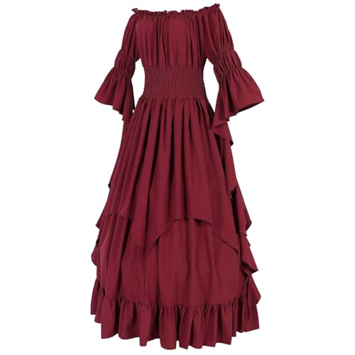 VCSZYAFX Damen Mittelalterliches Vintage-Kleid, schulterfrei, Rüschen, lang, Renaissance-viktorianisches Kleid, Cosplay, Retro-Hofkleid, Halloween-Kostüm(Red,L) von VCSZYAFX