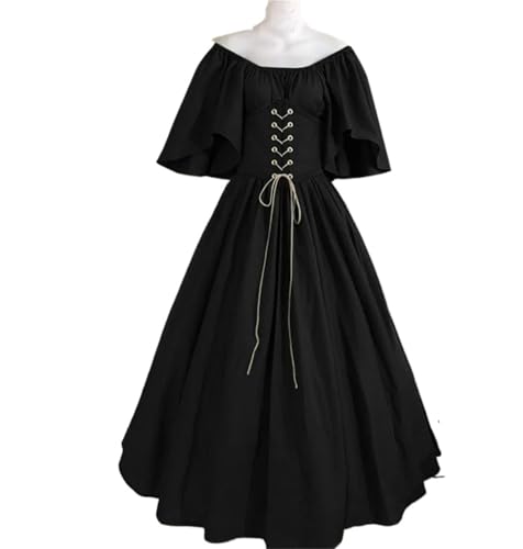 VCSZYAFX Damen Patchwork Mittelalter Renaissance Kleid Halloween Gothic Schulterfrei Retro Langes(Black,XXS) von VCSZYAFX