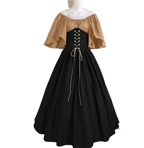 VCSZYAFX Damen Patchwork Mittelalter Renaissance Kleid Halloween Gothic Schulterfrei Retro Langes(Black Khaki,XXS) von VCSZYAFX