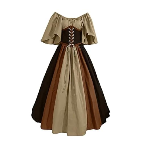 VCSZYAFX Damen Patchwork Mittelalter Renaissance Kleid Halloween Gothic Schulterfrei Retro Langes(Brown,XXL) von VCSZYAFX