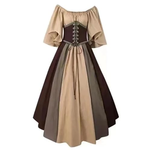 VCSZYAFX Damen Patchwork Mittelalter Renaissance Kleid Halloween Gothic Schulterfrei Retro Langes(Coffee,XXS) von VCSZYAFX