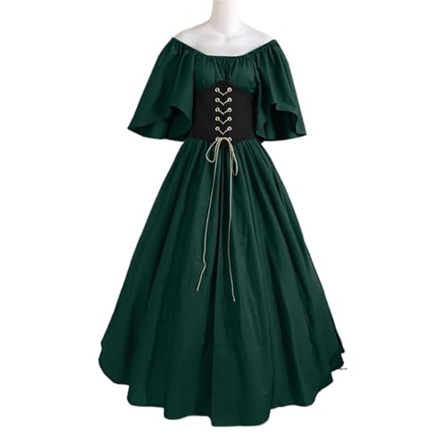 VCSZYAFX Damen Patchwork Mittelalter Renaissance Kleid Halloween Gothic Schulterfrei Retro Langes(Green,XS) von VCSZYAFX