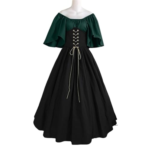 VCSZYAFX Damen Patchwork Mittelalter Renaissance Kleid Halloween Gothic Schulterfrei Retro Langes(Green black,XXL) von VCSZYAFX