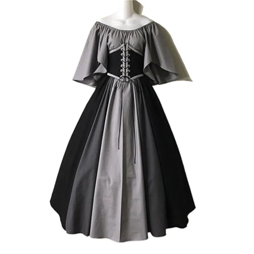 VCSZYAFX Damen Patchwork Mittelalter Renaissance Kleid Halloween Gothic Schulterfrei Retro Langes(Grey,XXL) von VCSZYAFX